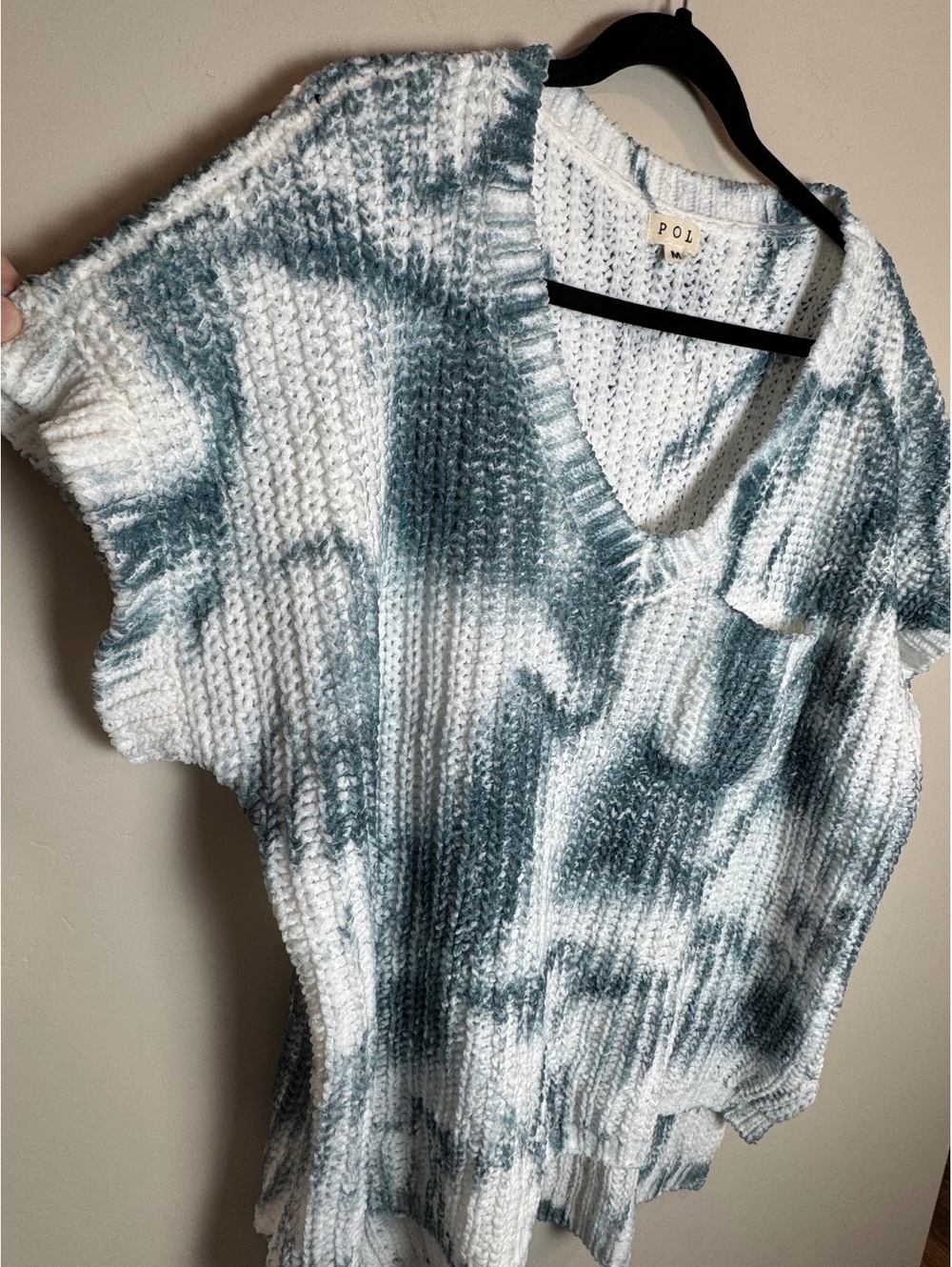 POL Oversized Chenille Sweater w/slate blue spray design NWOT MED WHIMSIGOTH